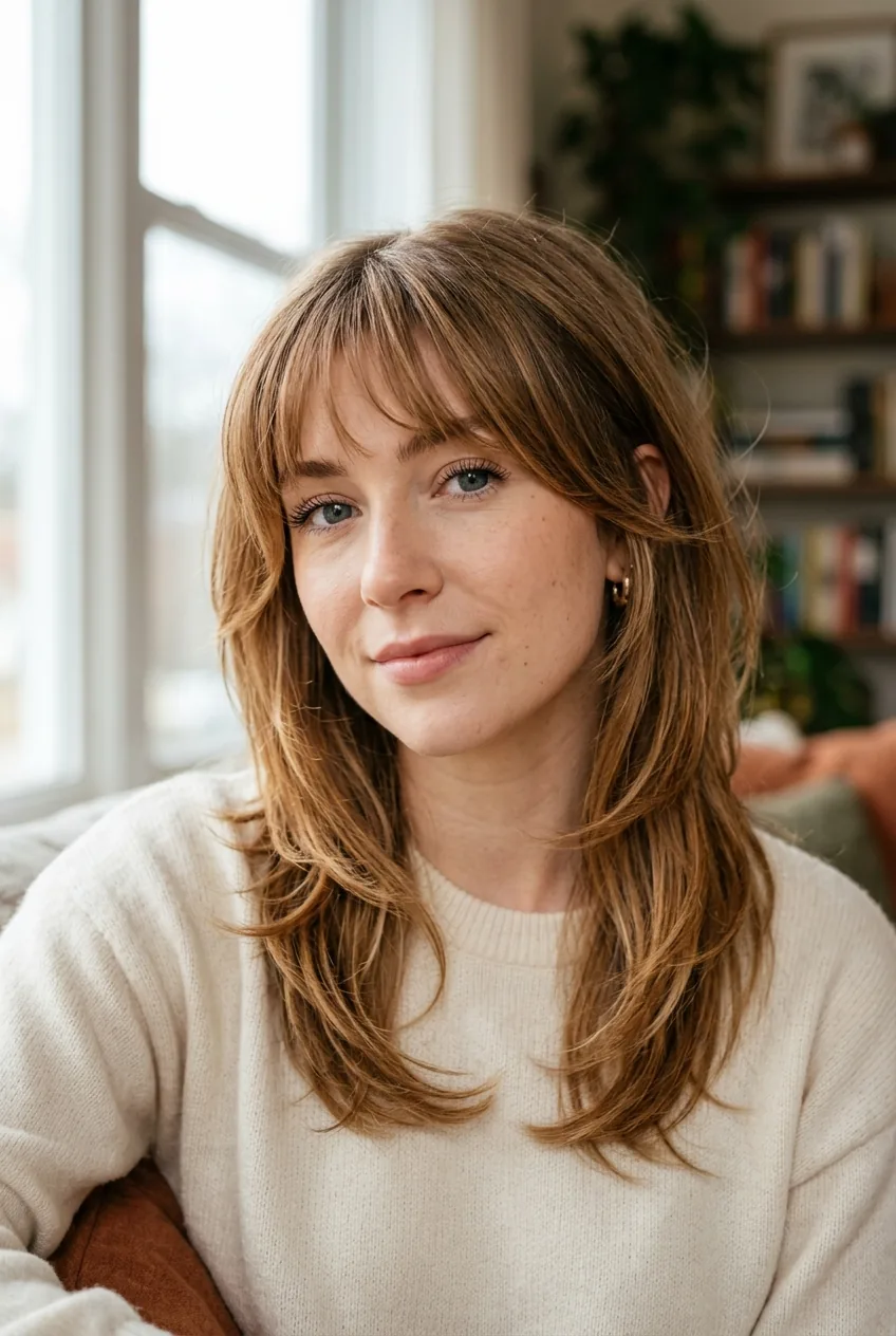 Layered wispy bangs with multiple lengths creating face-framing movement