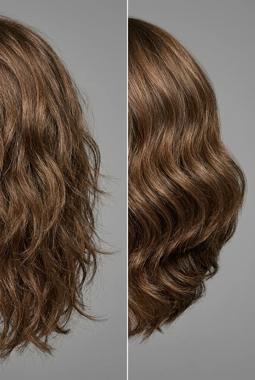 Comparison showing traditional hair layering cuts versus graduated length variation on waves