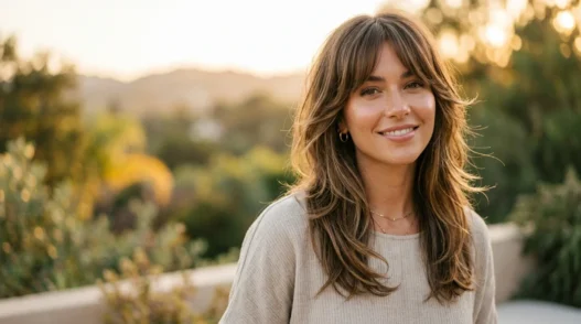 Woman showing contrast between face-framing layers and curtain bangs in golden natural lighting