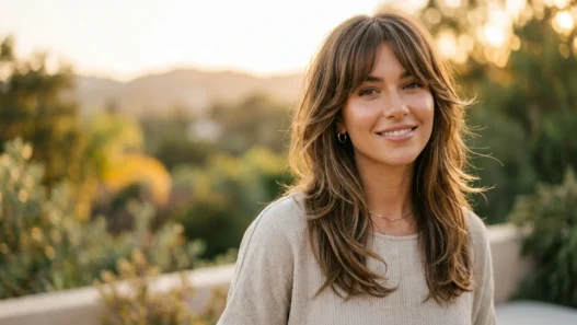 Woman showing contrast between face-framing layers and curtain bangs in golden natural lighting