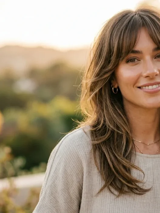 Woman showing contrast between face-framing layers and curtain bangs in golden natural lighting