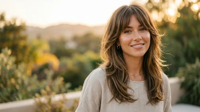 Woman showing contrast between face-framing layers and curtain bangs in golden natural lighting