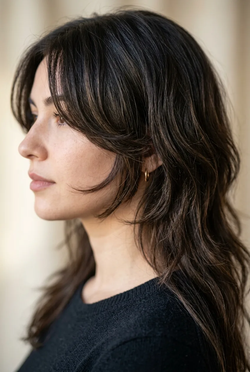 Butterfly haircut demonstrating length contrast between short front layers and longer back sections