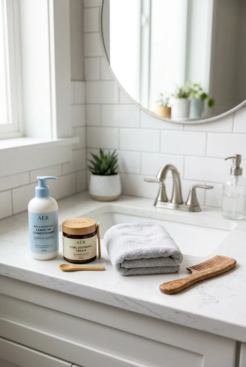 Lightweight hair products arranged on bathroom counter for thin curly hair routine