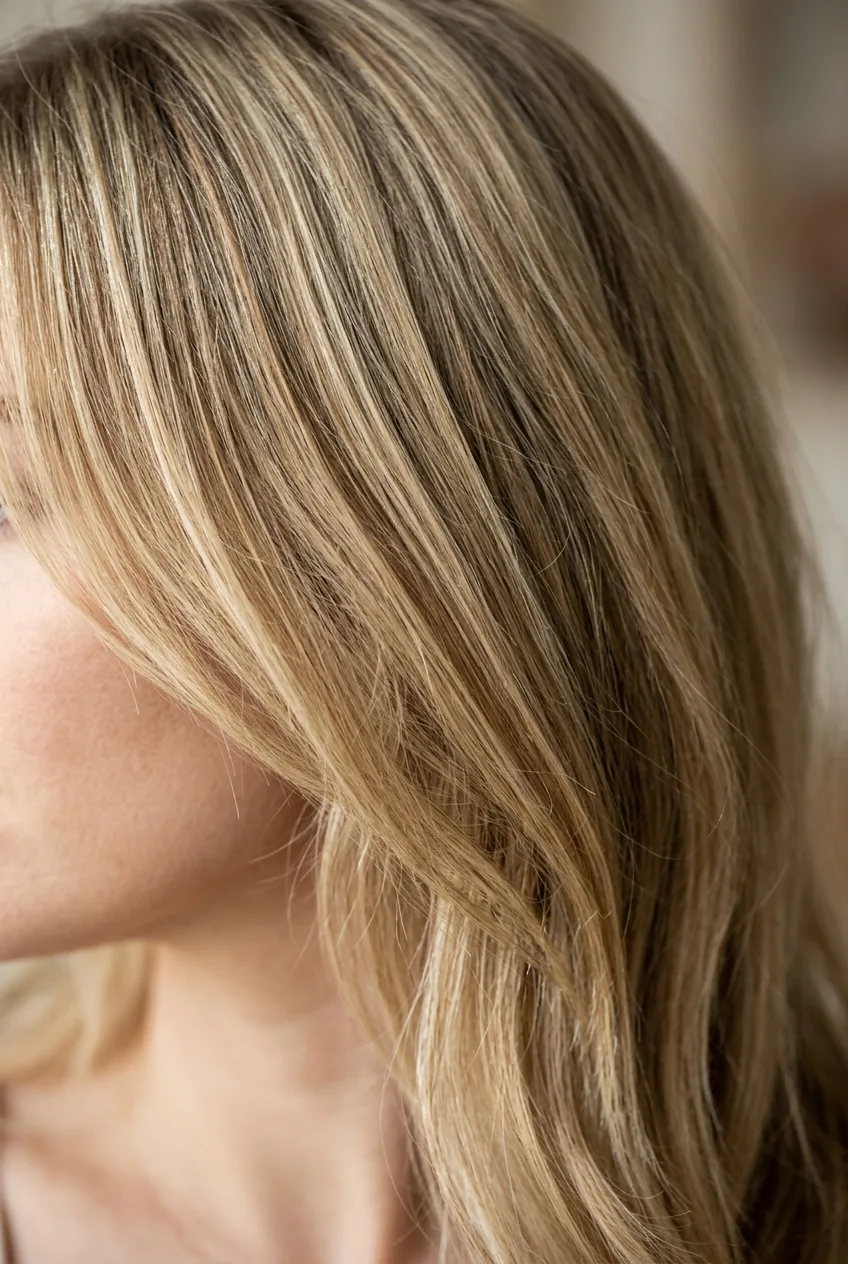 Lived-in blonde hair color with natural-looking highlights and lowlights blended throughout