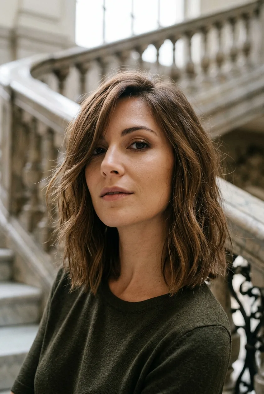 Woman displaying lived-in lob with subtle layers and organic movement in elegant setting