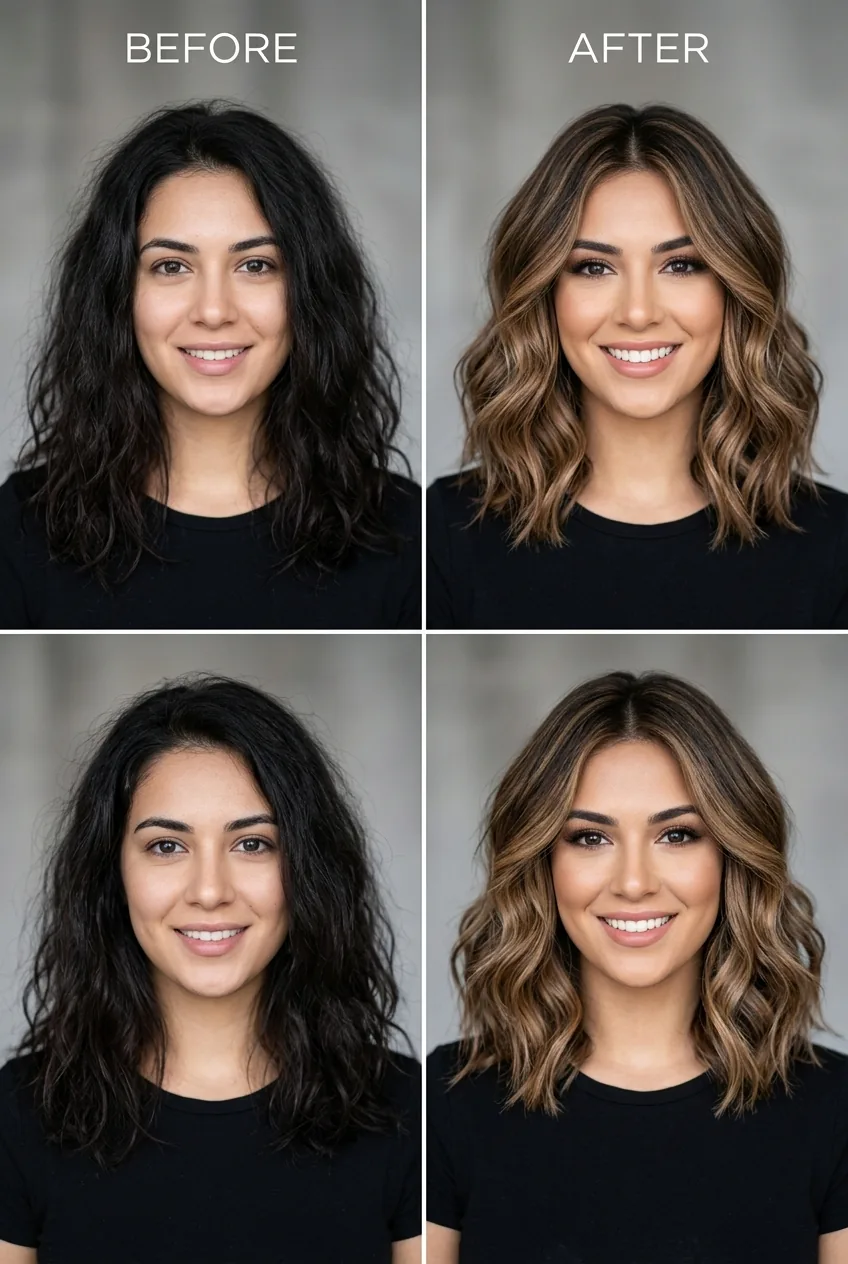 Split view showing lob balayage before and after results with dimensional highlights and soft waves