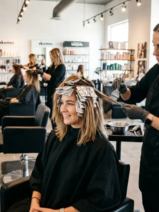 Professional stylist applying balayage color to woman's lob-length hair with foil placement in bright salon