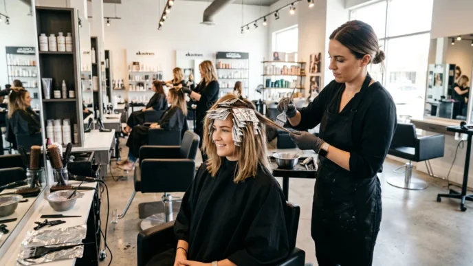 Professional stylist applying balayage color to woman's lob-length hair with foil placement in bright salon