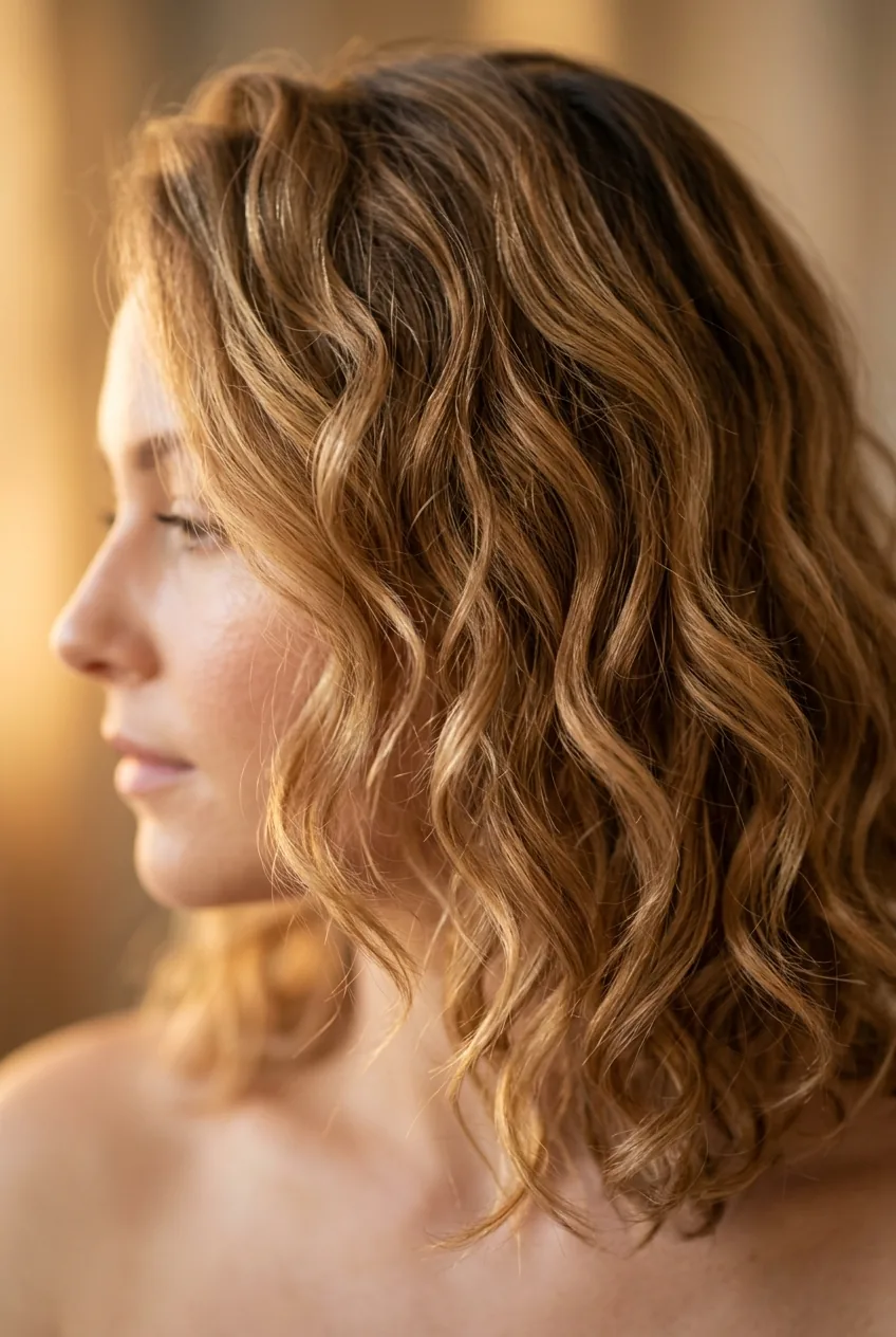 Lob with loose curls showing natural movement in golden hour lighting