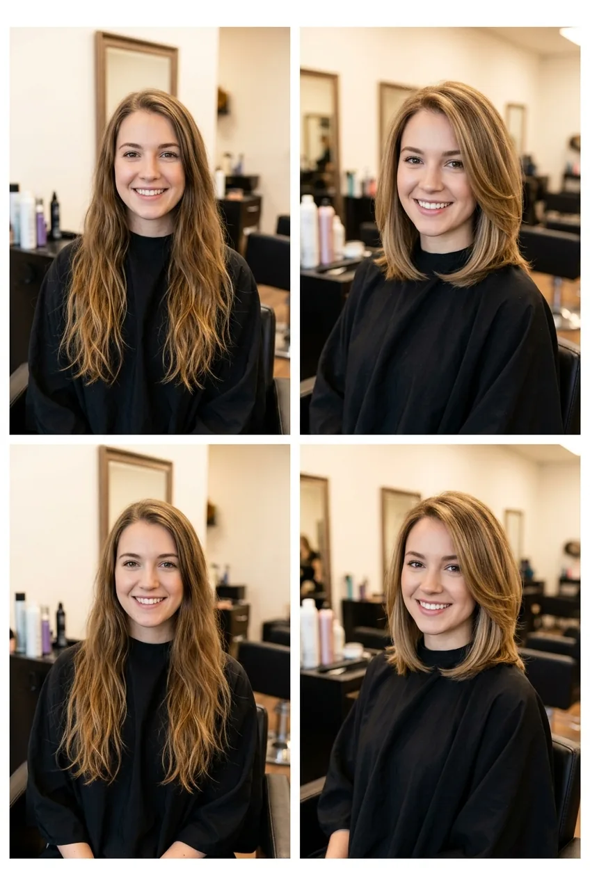 Before and after comparison showing transformation from long hair to perfectly styled lob haircut