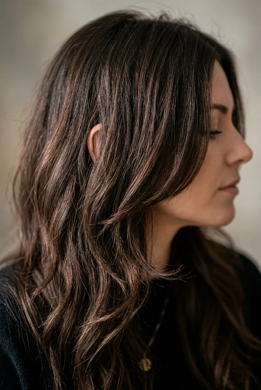 Close-up of long layered brunette hair with natural texture and flowing movement