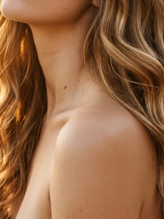 Long wavy hair cascading over bare shoulder with golden lighting highlighting natural texture and movement