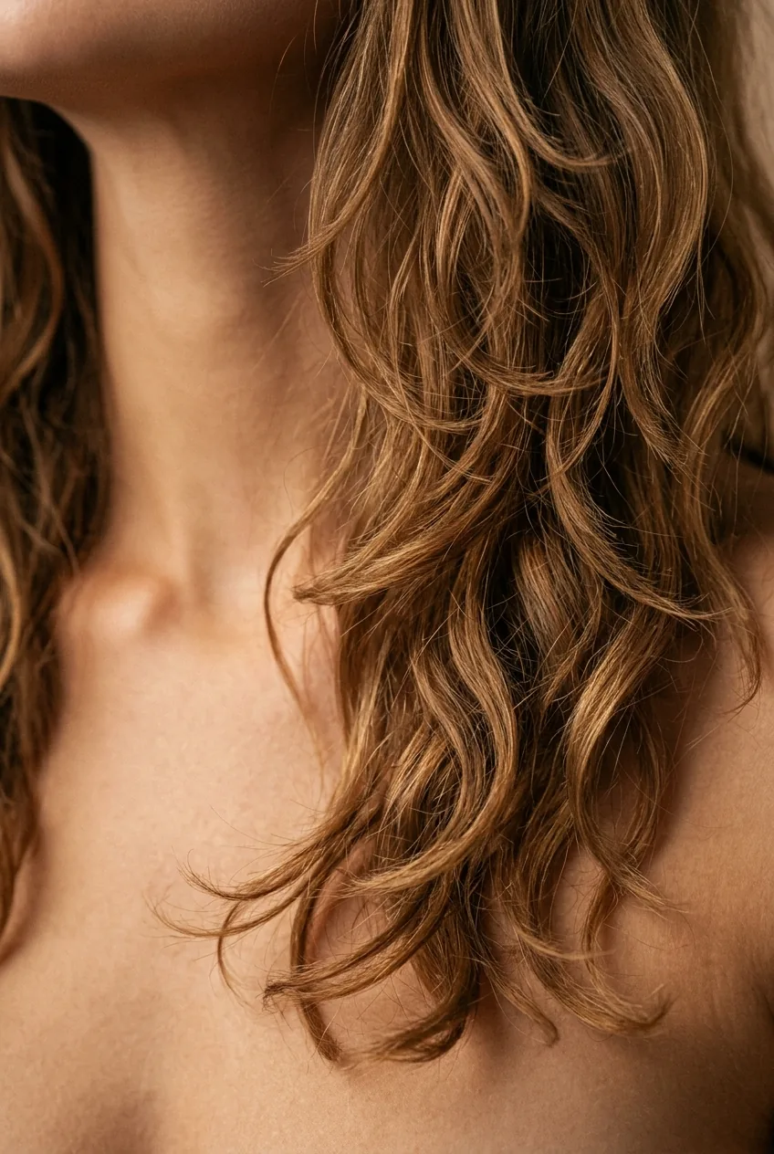 Long graduated layers with 70s shag influence showing natural wave pattern and dimension