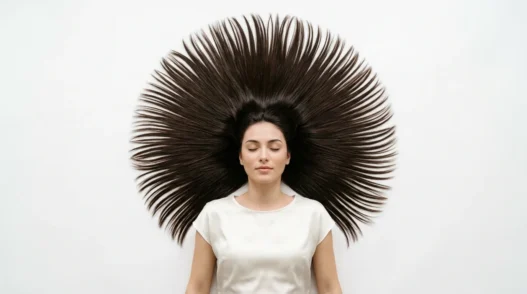Long hair fanned out in perfect symmetrical circle on white background showing natural texture