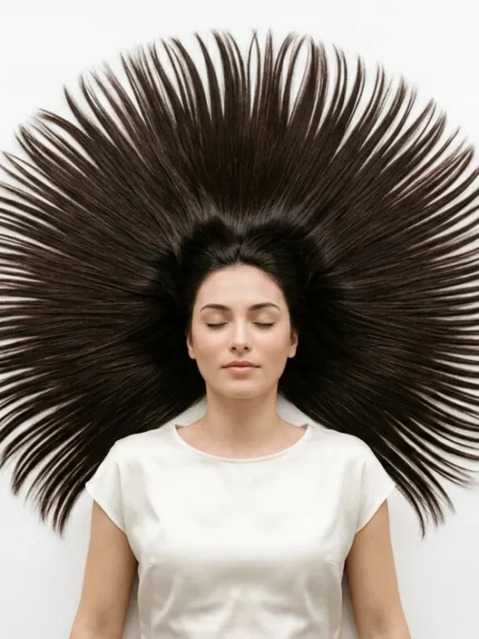 Long hair fanned out in perfect symmetrical circle on white background showing natural texture