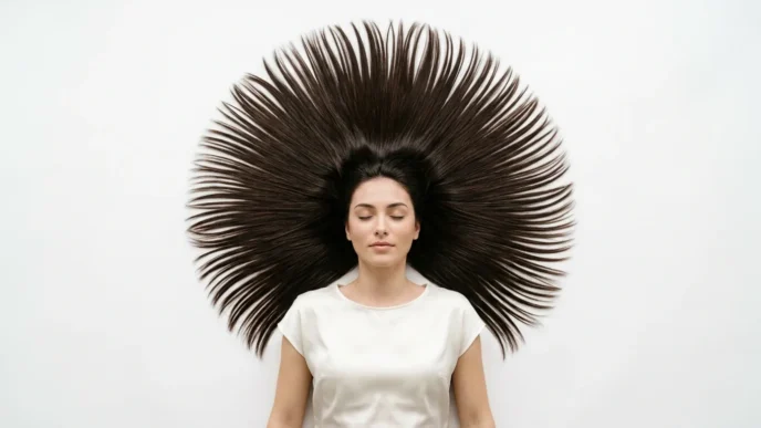 Long hair fanned out in perfect symmetrical circle on white background showing natural texture