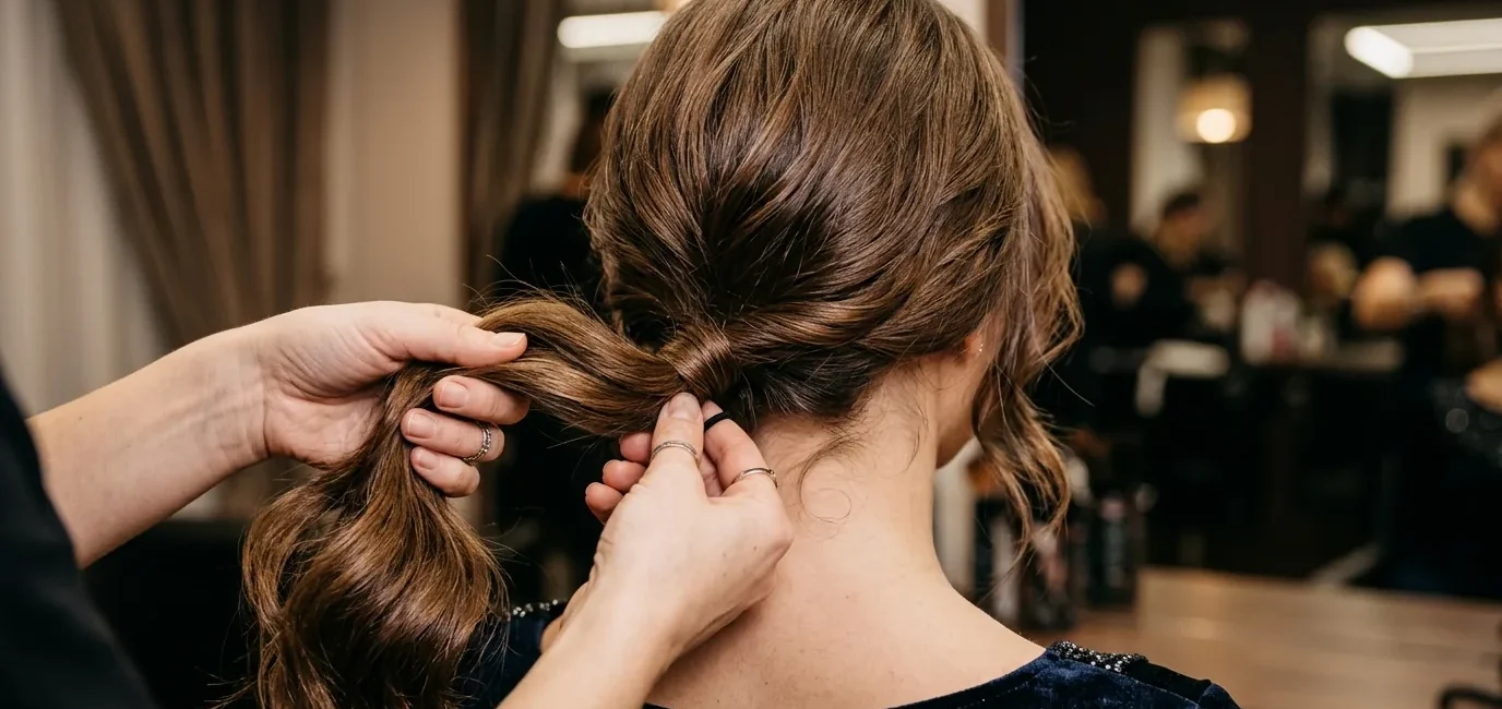 Woman's long hair being gathered at the nape by stylist's hands in preparation for updo