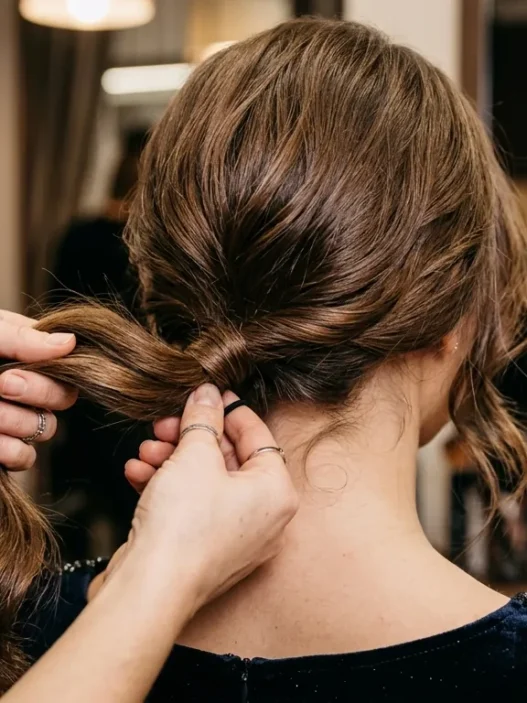 Woman's long hair being gathered at the nape by stylist's hands in preparation for updo