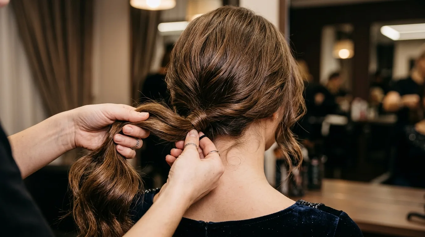 Woman's long hair being gathered at the nape by stylist's hands in preparation for updo