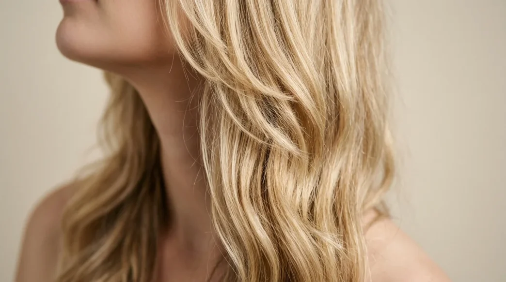 Woman with long layered blonde hair showing subtle waves and natural movement from jawline to crown