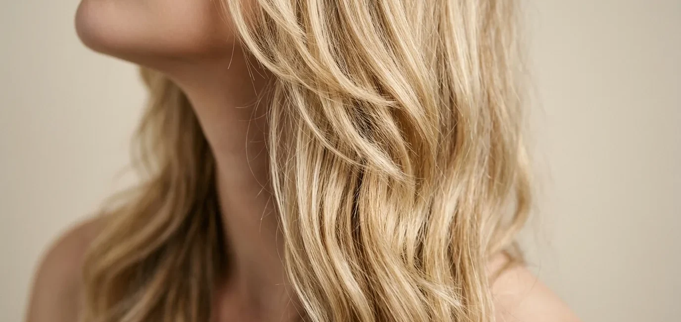 Woman with long layered blonde hair showing subtle waves and natural movement from jawline to crown