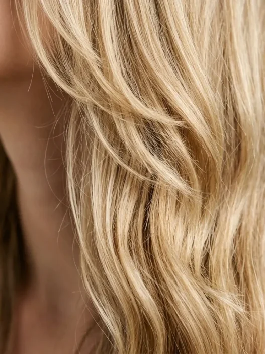 Woman with long layered blonde hair showing subtle waves and natural movement from jawline to crown