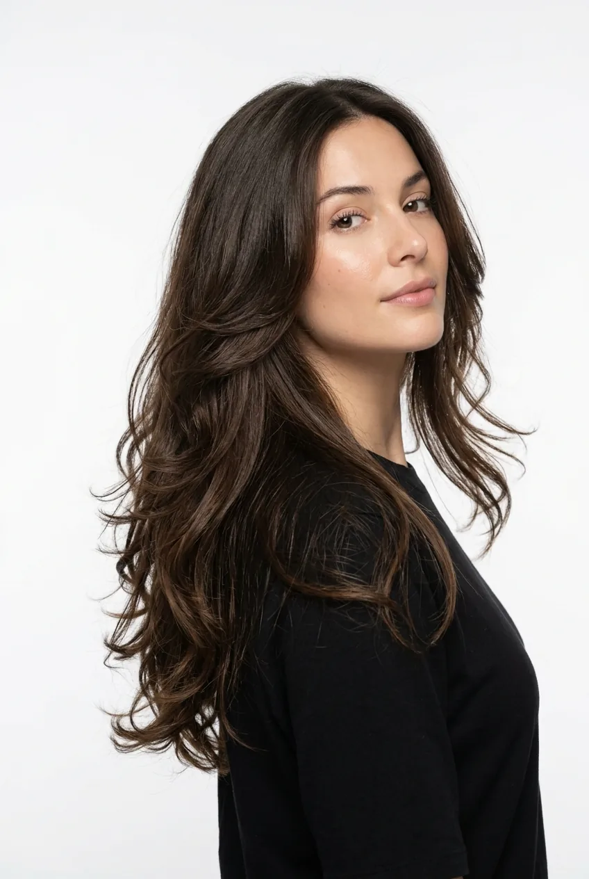 Woman with long layered haircut showing cascade effect starting below shoulders