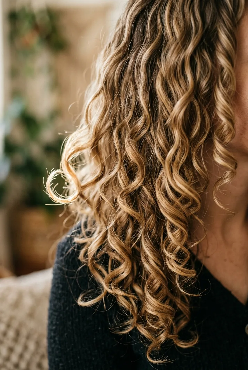 Long layered curls with face-framing pieces in warm blonde showing natural flow and movement
