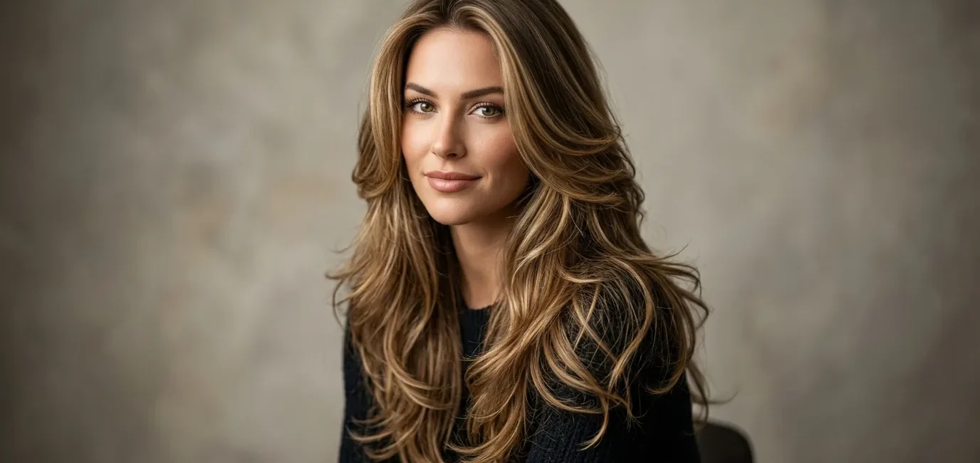 Woman with long layered haircut showing multiple layer lengths from jawline to crown in studio lighting