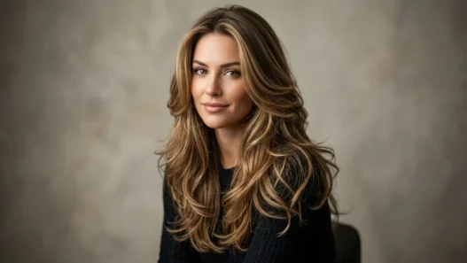 Woman with long layered haircut showing multiple layer lengths from jawline to crown in studio lighting