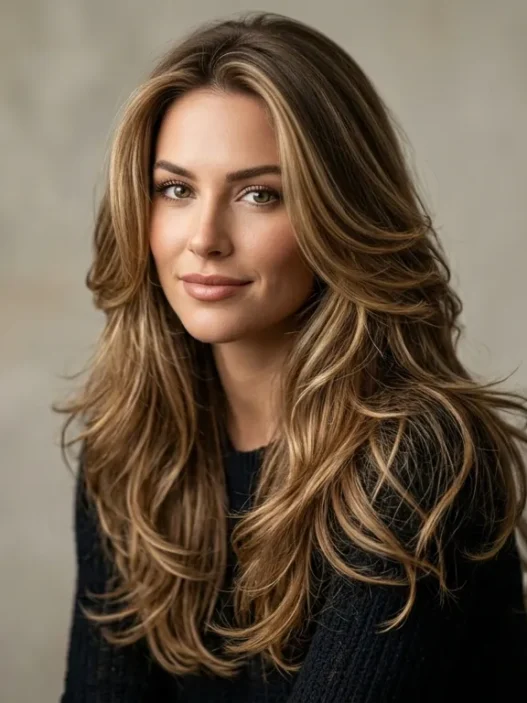 Woman with long layered haircut showing multiple layer lengths from jawline to crown in studio lighting