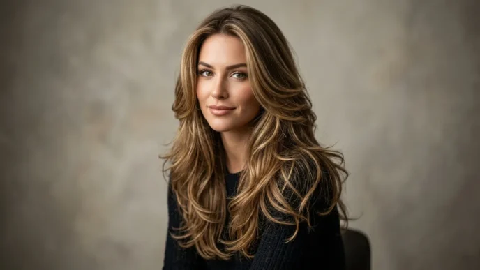 Woman with long layered haircut showing multiple layer lengths from jawline to crown in studio lighting