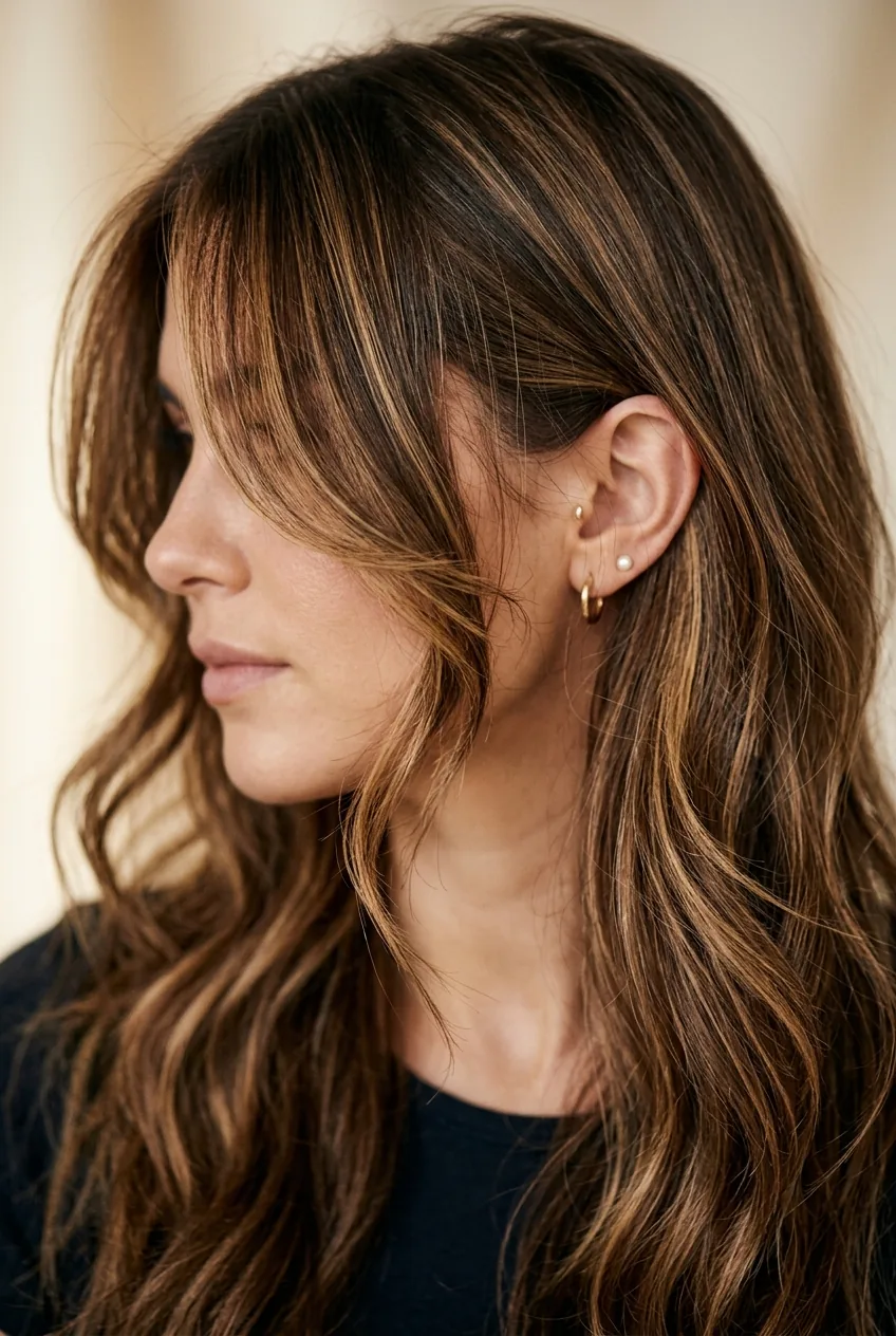 Long layered hair with face-framing caramel highlights showing dimension