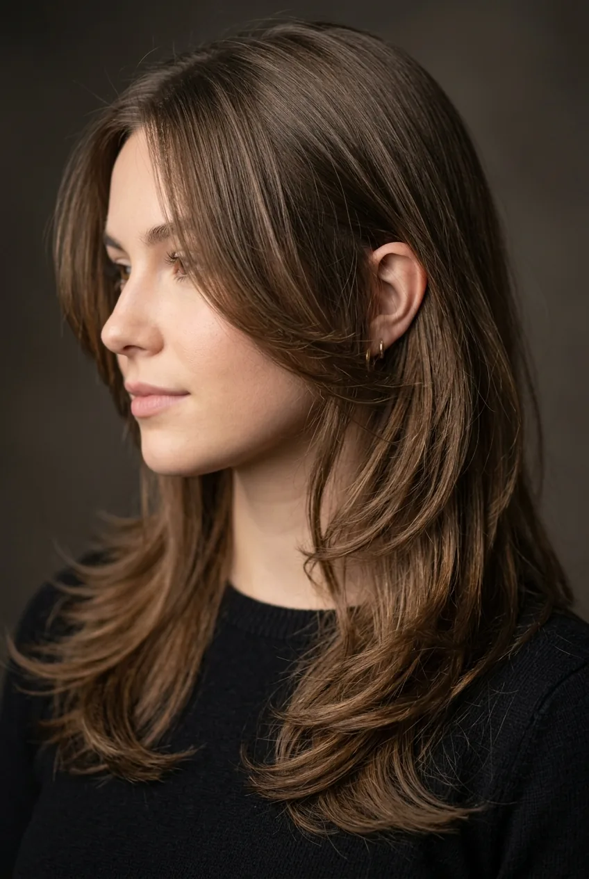Close-up of expertly cut long layers showing seamless blending and natural movement in professional lighting