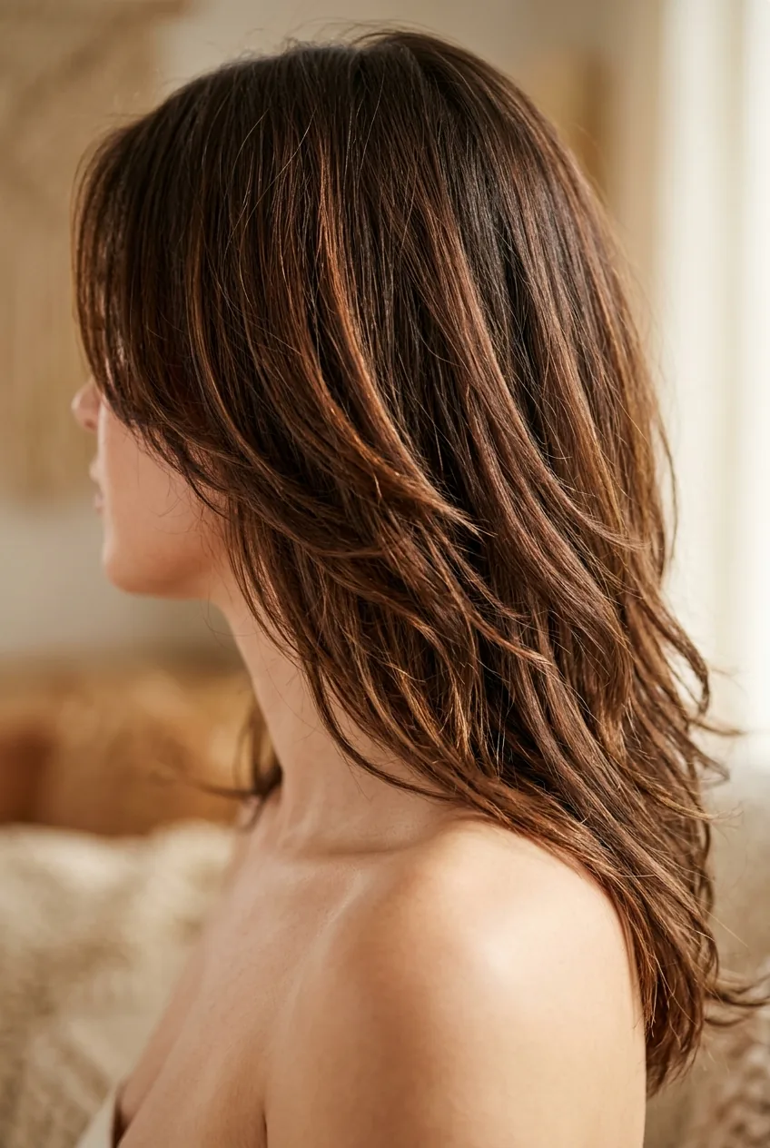Side view of shoulder-length hair with long layers displaying natural fall and texture in warm lighting