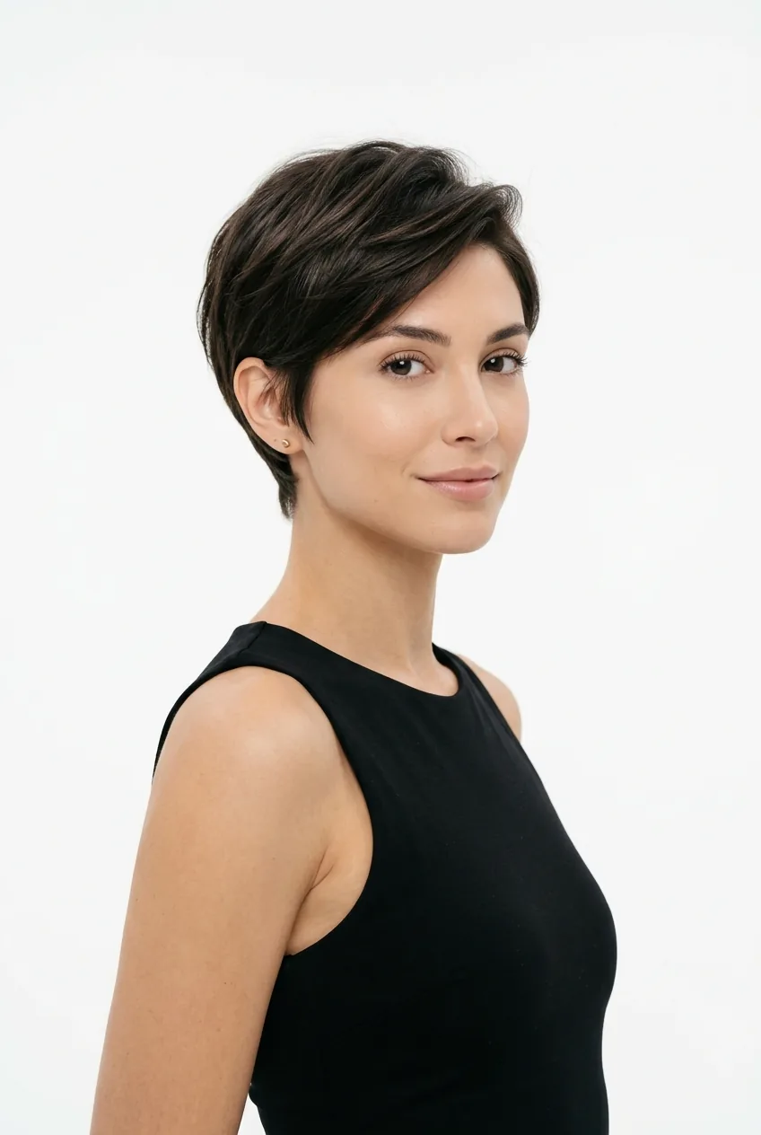 Woman with long pixie cut at ear level showing versatile styling options