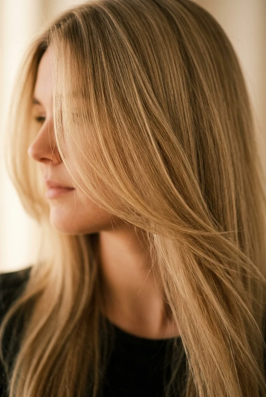 Long soft layers on fine straight hair showing flowing movement and graduated length transitions