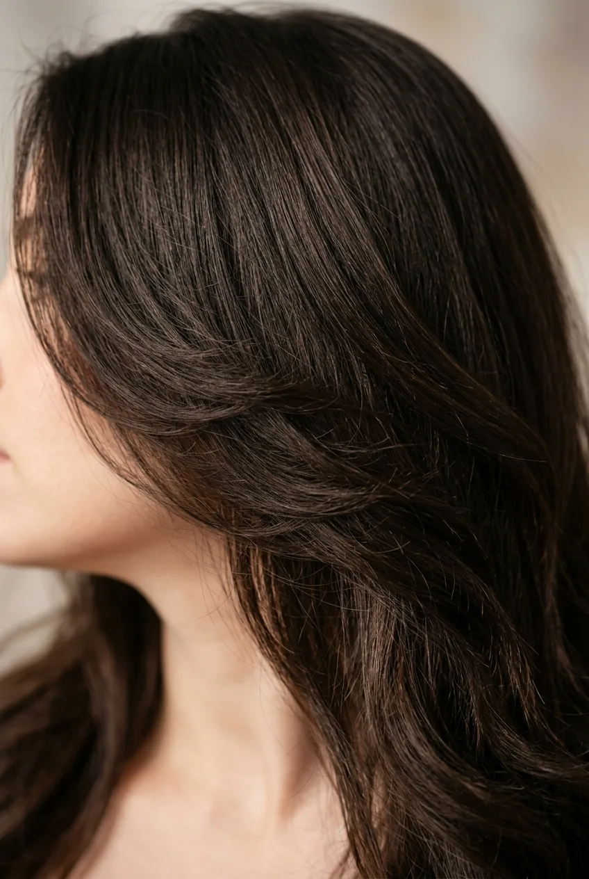 Long subtle layers in dark brown hair creating volume and natural movement