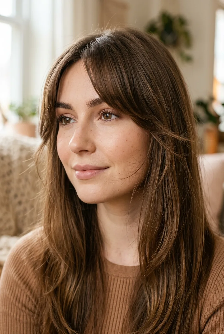 Long textured curtain bangs hitting at cheekbone level with natural movement