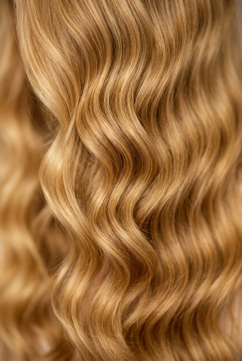 Long honey blonde hair in V-shaped layers creating cascading wave patterns