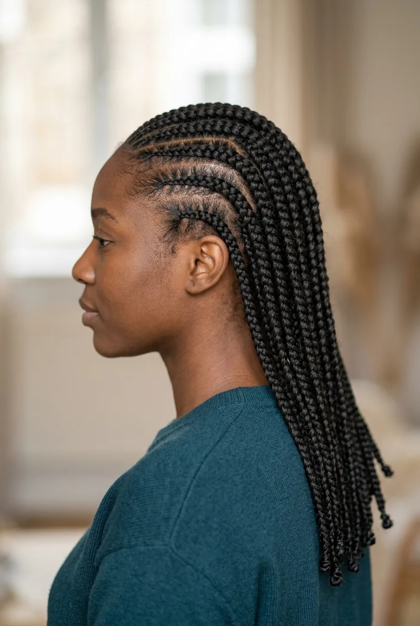 Loose box-braid style cornrows transitioning from scalp on long natural hair