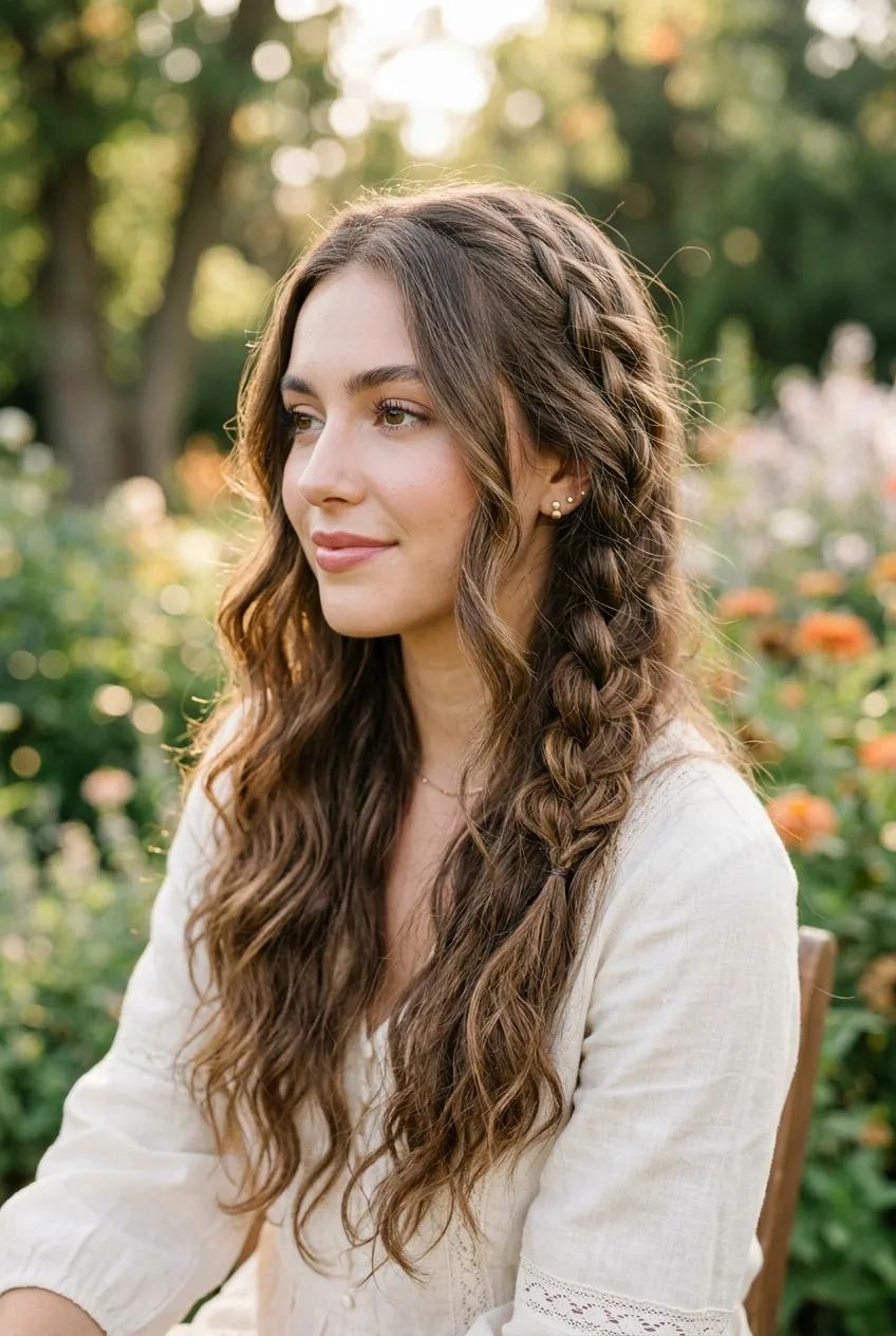 Woman with loose braided accent woven through flowing waves in natural lighting