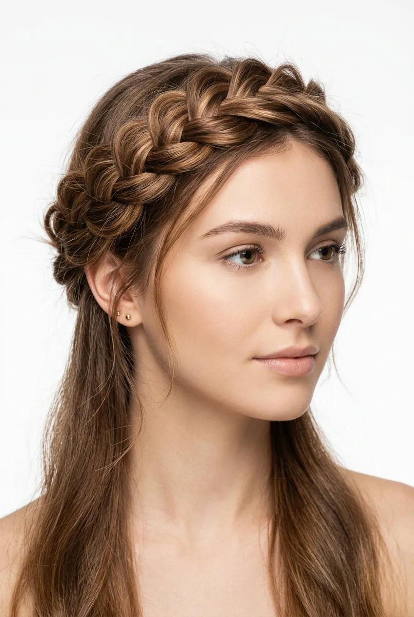 Woman with loose braided crown showing romantic braided details across hairline