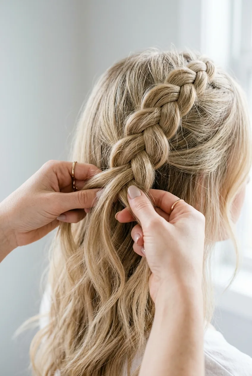 Close-up of hands demonstrating loose braiding technique with three strands of textured hair