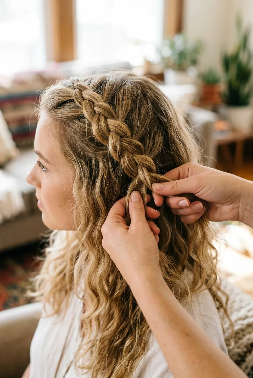 Hands creating loose Dutch braid on side of head with visible weaving technique