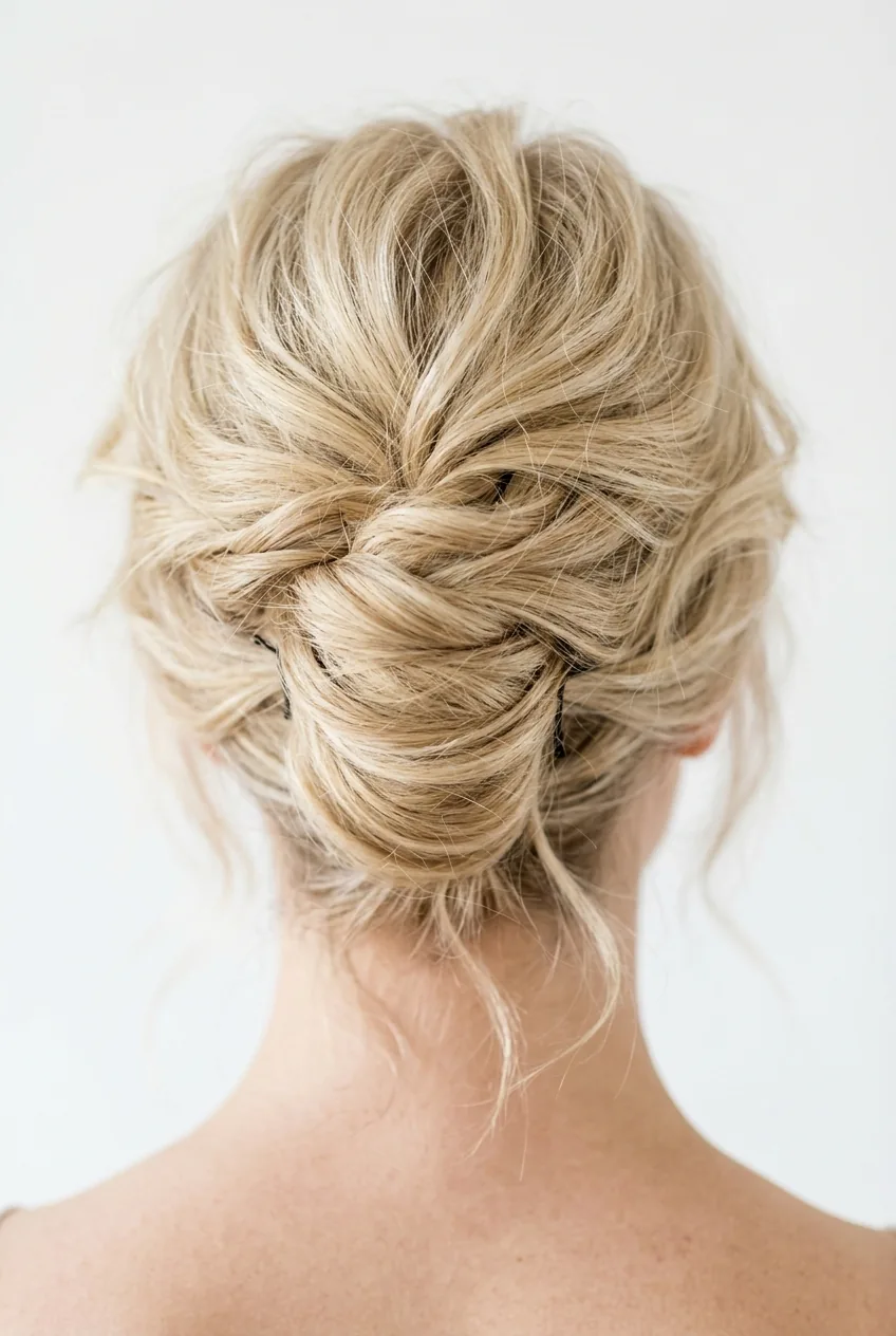 Loose French twist on fine blonde hair with volume at crown and deliberately messy pieces