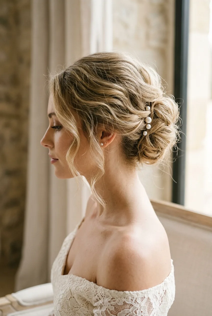 Loose French twist with undone romantic texture and face-framing pieces