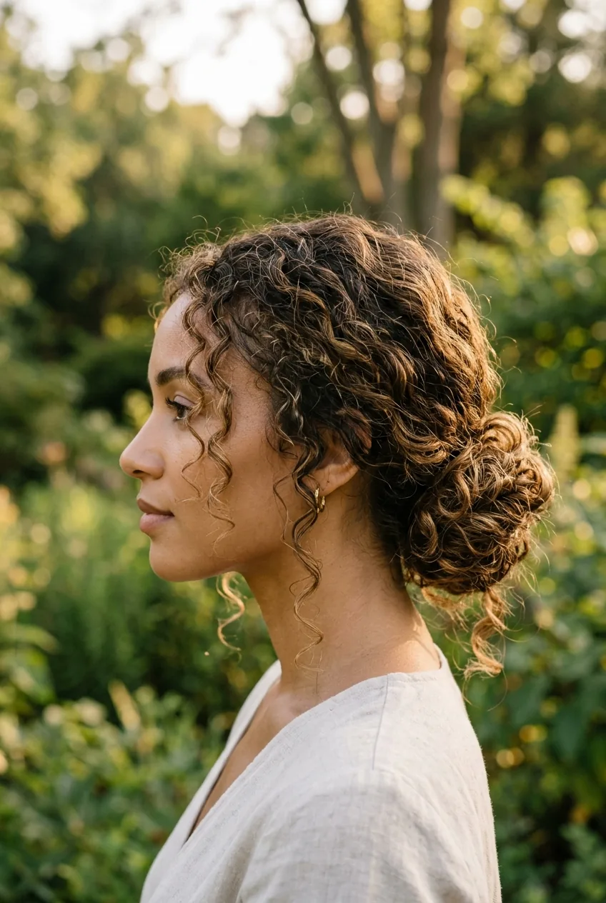 Woman with loose low curly bun and natural face-framing pieces in golden hour light