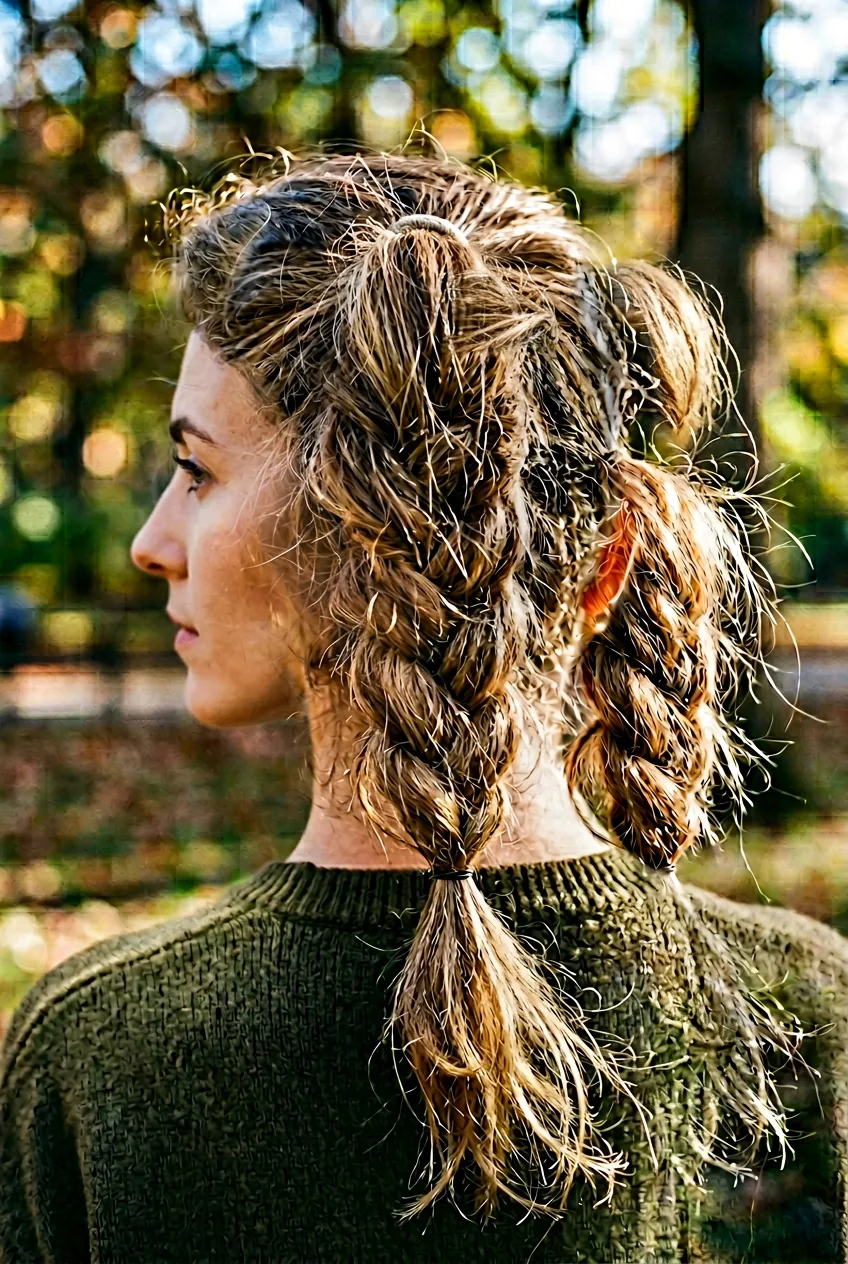 Side view of woman with loose braided ponytail showing natural flyaway hairs and texture